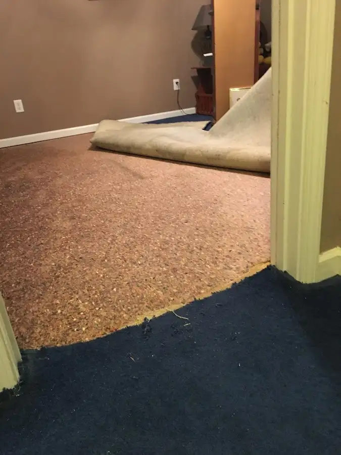 Carpet pad removal revealing water damage during Drying & Dehumidification in Walnut Park